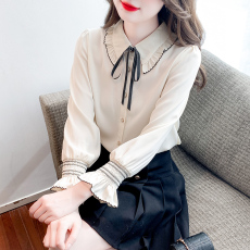 批发2026#有货秋新款<b class='q'>衬衫</b>单排扣<b class='q'>雪纺</b>淑女标准娃娃领喇叭袖长袖
