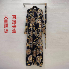 批发2023春季新款欧美<b class='q'>巴洛克</b>复古印花翻领收腰显瘦大摆长袖<b class='q'>连衣裙</b>子女