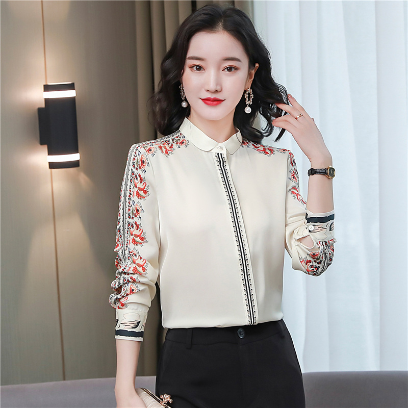 PF22120#缎面真丝衬衫女新款减龄名媛印花上衣女神范气质长袖衬衣女裝貨源服裝批發