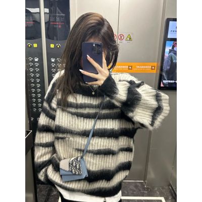 加厚版！慵懒风马海毛条纹长袖毛衣女秋冬新款宽松套头针织衫上衣