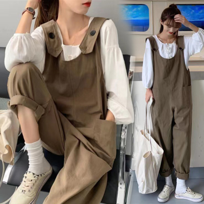 图片已处理现货春装孕妇套装韩版宽松背带裤长裤衬衫孕妇两件套春
