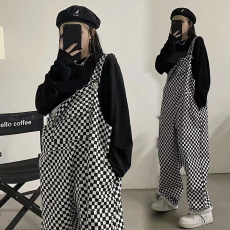 现货图片已处理春装格子宽松孕妇背带裤直筒裤子T恤孕妇两件套装