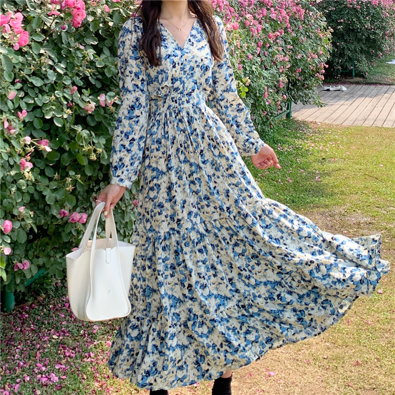 MY16234# 大码高个子法式加长显瘦长袖收腰连衣裙超仙森系港风碎花复古...