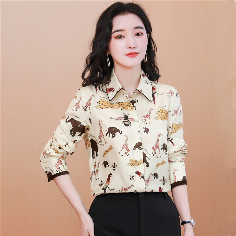PF22110#桑蚕丝趣味动物印花 丝滑18MM真丝长袖衬衫 通勤百搭女裝貨源服裝批發