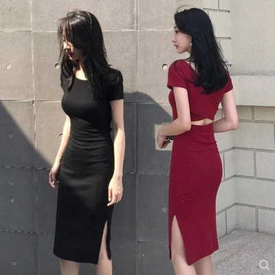 있음 선적 대외 무역 한국 스타일 ins 타이트 스커트 섹시함 중간 길이 트임 반팔 백리스 만나는 여성 드레스