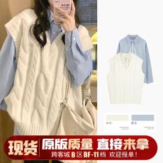 2022年新款秋冬学院风坎肩白色针织毛衣马甲衬衫两件套女马夹背心