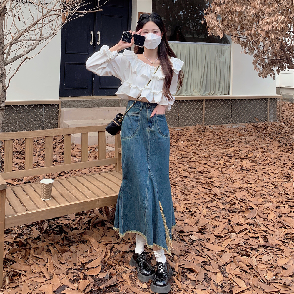 MY11110# 特价牛仔半身裙 不退不换 设计感小众高腰显瘦复古中长款鱼...