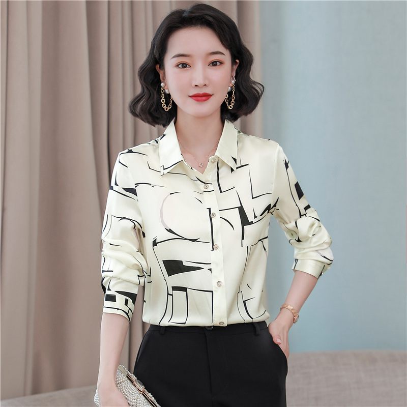 PF22108#真丝衬衫女新款秋装长袖上衣桑蚕丝印花通勤衬衣高级感女裝貨源服裝批發