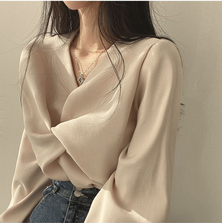 있음 선적 chic 패션 개성 주름 V 넥 셔츠