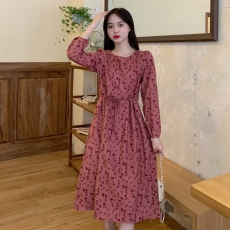 批发秋装实拍大码女装灯芯绒碎花遮胯<b class='q'>长裙</b>玫瑰花连衣裙