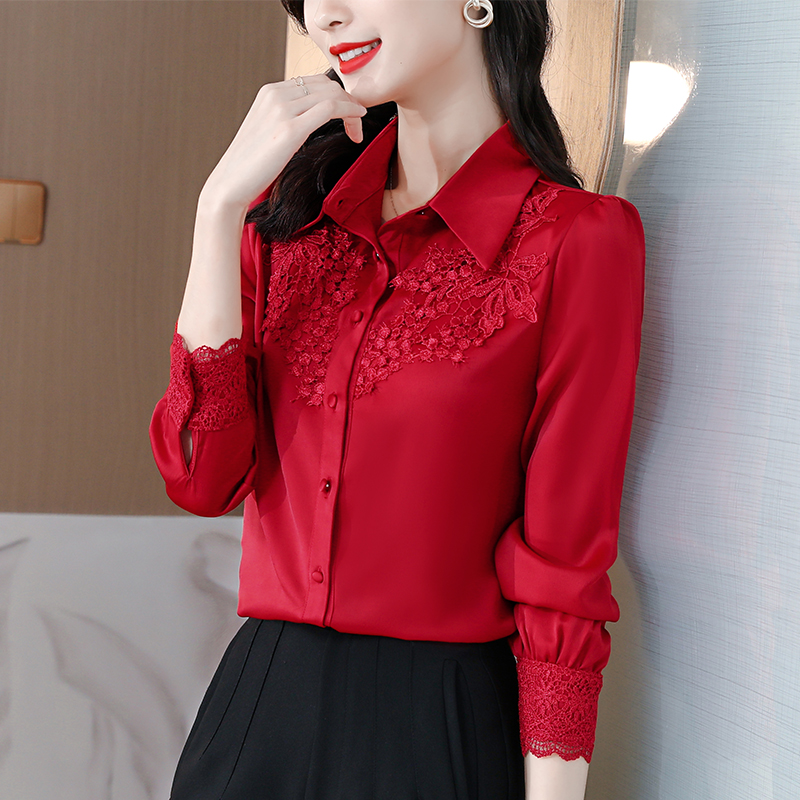MY2011#  新款衬衣高端缎面拼接蕾丝长袖衬衫女裝貨源服裝批發