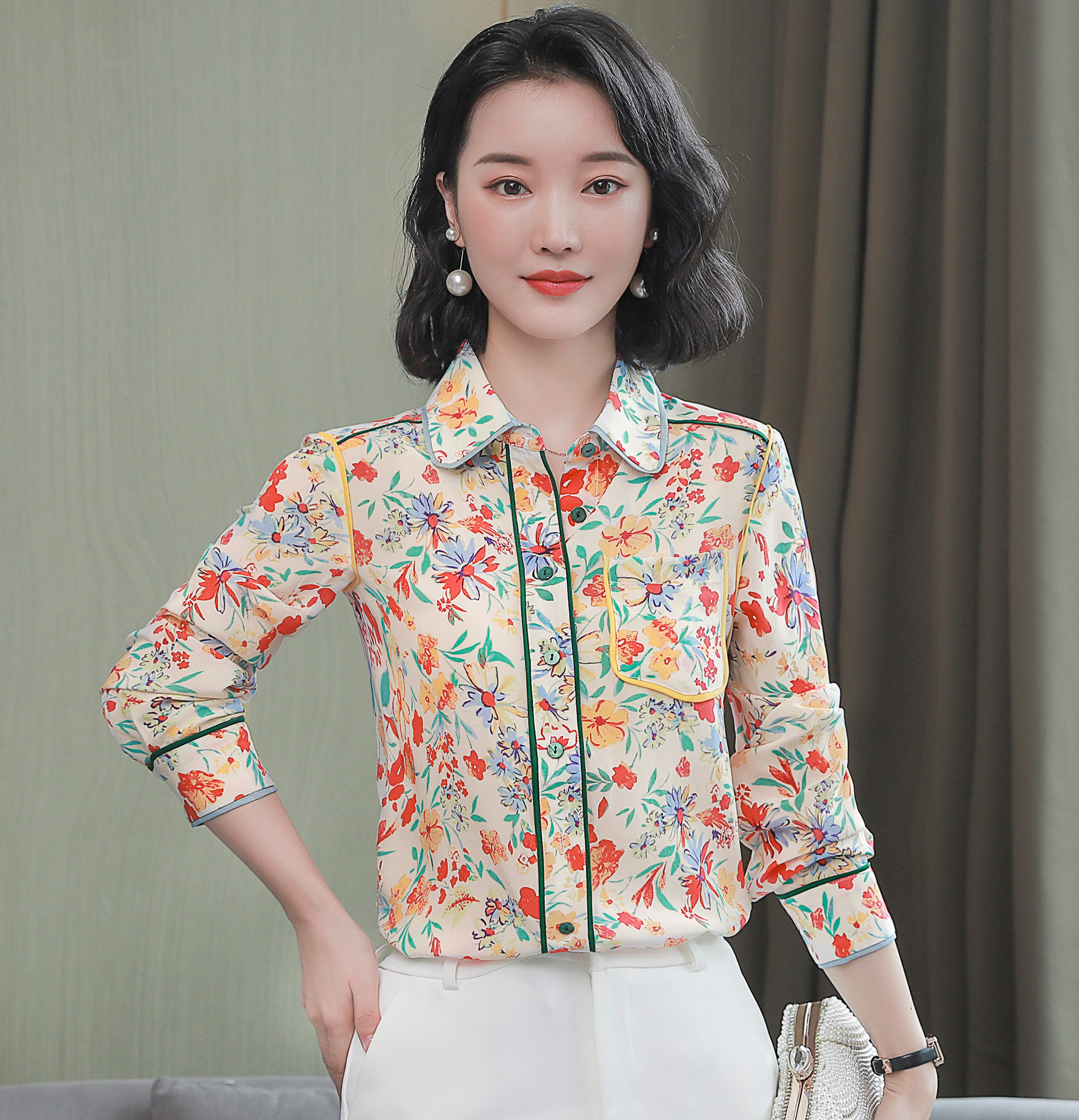 MY14832# 真丝长袖衬衫设计感100桑蚕丝法式衬衣上衣印花镶边杭州女...