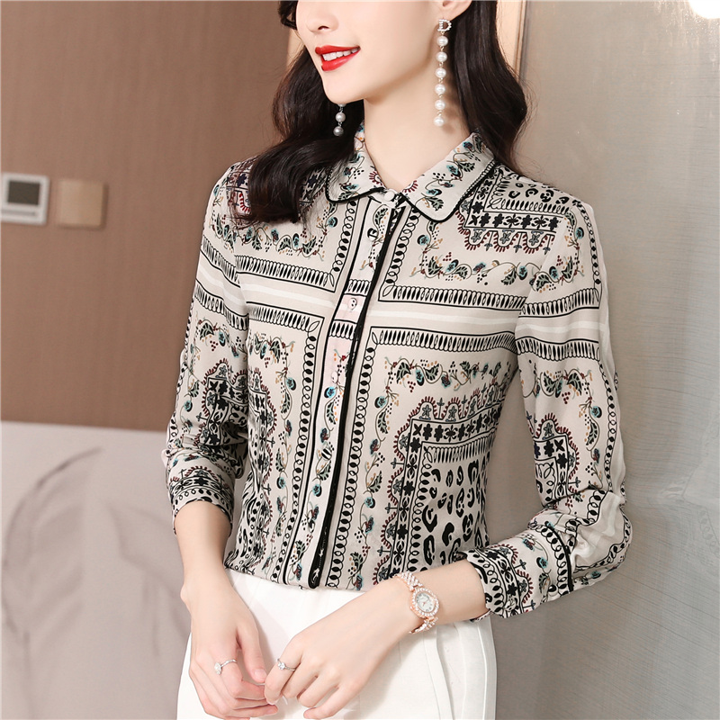 MY14823# 高端定位印花真丝衬衫上衣新款气质显瘦桑蚕丝长袖衬衣女裝貨...