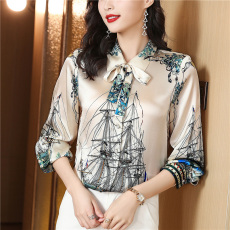 批发定位印花缎面重磅真丝<b class='q'>衬衫</b>女设计感小众2026秋装新款桑蚕丝上衣潮