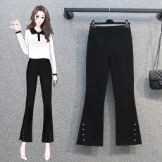 批发实拍大码胖妹妹2026秋季新款韩版弹力显瘦爱心铆钉不规则微喇裤