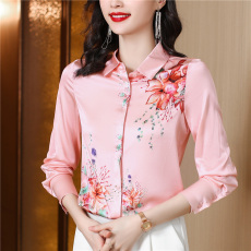 批发高端缎面<b class='q'>衬衫</b>女长袖2026秋装气质印花<b class='q'>衬衣</b>时尚百搭重磅桑蚕丝上衣