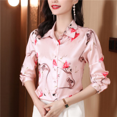 批发小清新真丝<b class='q'>衬衫</b>女2026早秋新款时尚气质印花重磅桑蚕丝缎面上衣潮