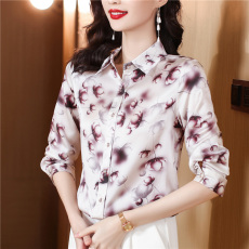 批发真丝<b class='q'>衬衫</b>女2026秋款新款时尚印花修身显瘦气质重磅桑蚕丝缎面上衣