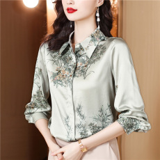 批发清贵优雅重磅桑蚕丝真丝<b class='q'>衬衫</b>女2026秋季新款印花长袖缎面宽松<b class='q'>衬衣</b>