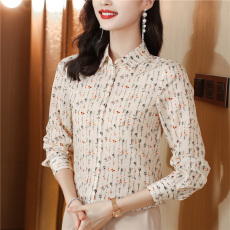 批发淡雅清新 温婉轻奢真丝2026竖向线条花枝印花浅色长袖<b class='q'>衬衫</b>上衣女