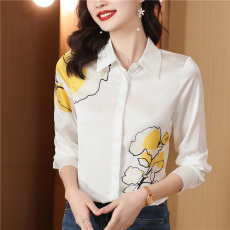 批发高端真丝<b class='q'>衬衫</b>女2026新款秋季长袖撞色印花洋气时尚桑蚕丝打底<b class='q'>衬衣</b>