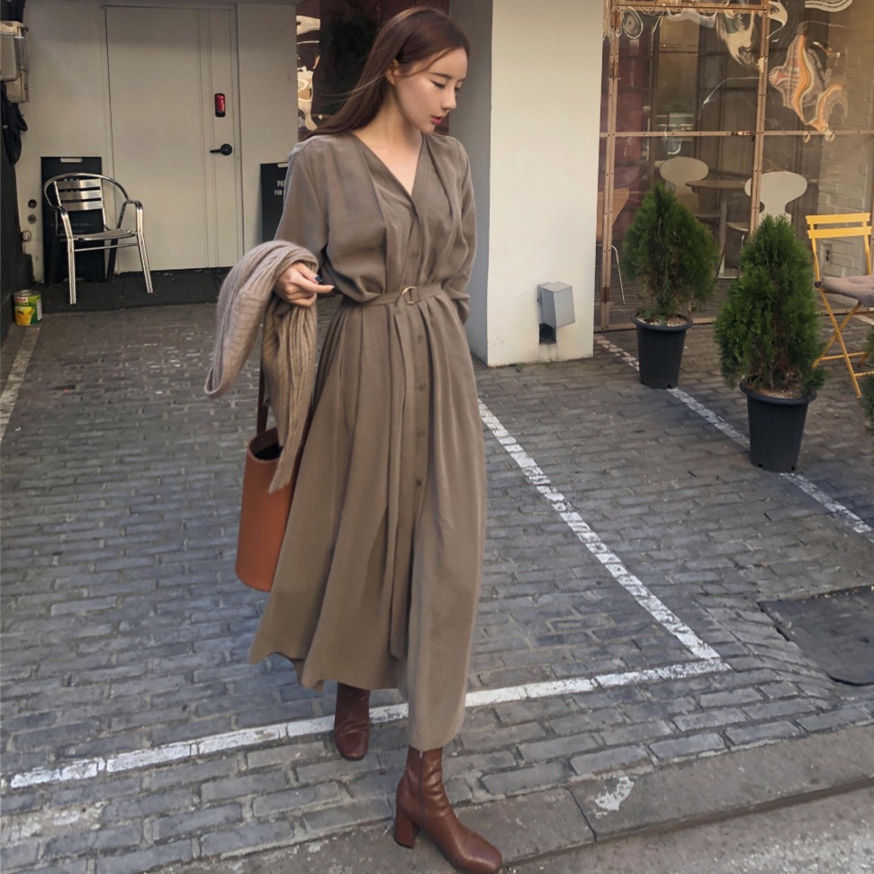 슈퍼 요정 우아함 레이스업 롱 코트 드레스 벨트 포함
