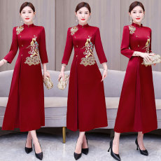 批发喜婆婆婚宴装晚礼服秋季刺绣大码遮肚妈妈旗袍裙高贵洋气长款年轻