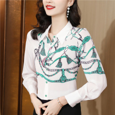 批发白色定位印花真丝<b class='q'>衬衫</b>女2026春秋季新款翻领长袖设计感桑蚕丝上衣