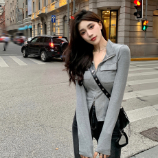 批发官图#高弹条春装新款修身显瘦<b class='q'>t</b><b class='q'>恤</b>开衫辣妹上衣拉链纯欲风<b class='q'>外套</b>