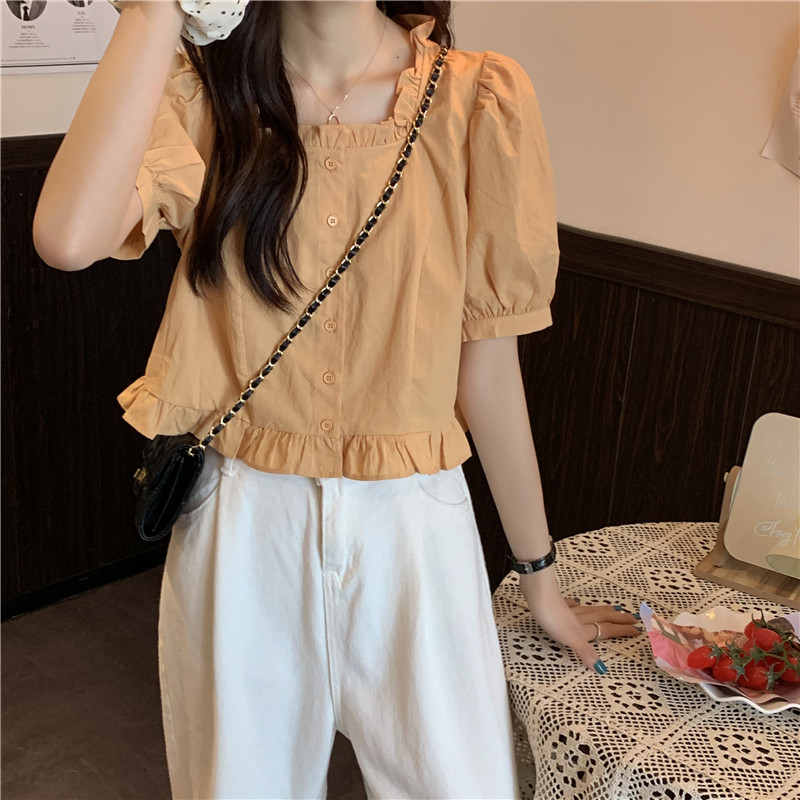 Official picture white puff sleeve short top women's summer Hong Kong style Korean style chic short sleeve shirt ins trend