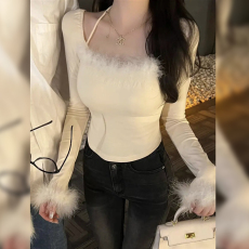 毛绒长袖t恤内搭修身显瘦性感纯欲加绒打底衫女秋冬辣妹上衣加厚