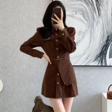 批发实拍有货秋季法式高腰连衣裙通勤短裙A字长袖<b class='q'>衬衫</b>领设计感泡泡袖