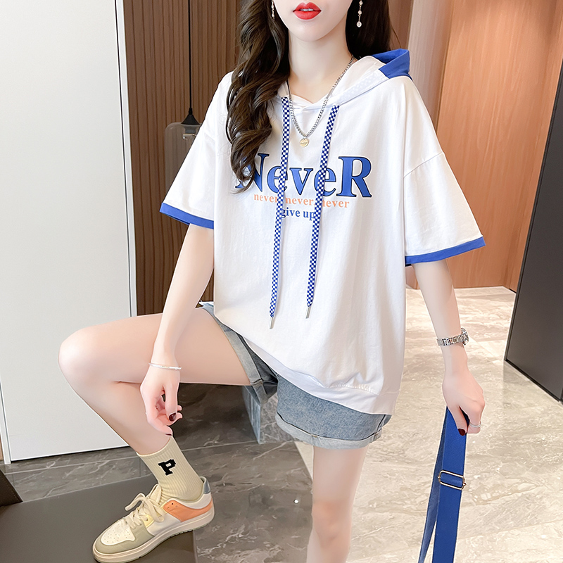 夏季韩版宽松连帽印花短袖T恤女潮 服裝批發女裝批發服飾貨源 服裝批發女裝批發服飾貨源
