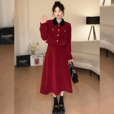 法式赫本风气质名媛两件套女秋冬新款时尚红色套装连衣裙新年战袍