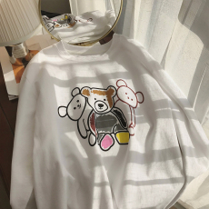 包领落肩德绒可爱风卡通印花圆领T恤女内搭长袖打底衫