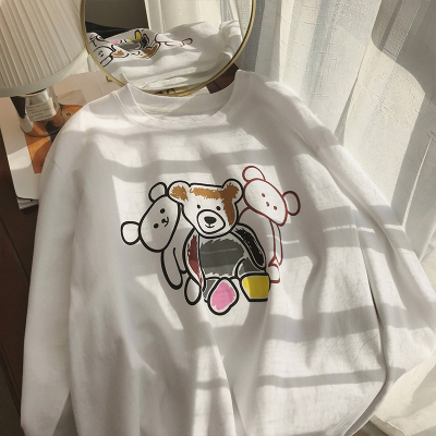 包领落肩德绒可爱风卡通印花圆领T恤女内搭长袖打底衫
