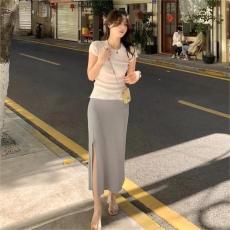 批发2026夏针织半身裙女a字裙中长款高腰显瘦一步裙开叉薄款包臀裙子