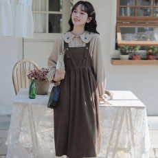 批发实拍2025年秋季刺绣荷叶边灯芯绒衬衫+甜美<b class='q'>宽松</b>吊带连衣裙2件套装