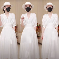 批发四面弹面料法式轻奢连衣裙女小众设计收腰时髦白色衬衫裙