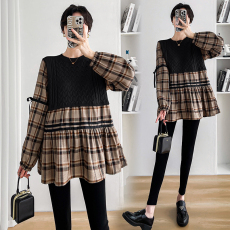 批发实拍孕妇春装网红韩版宽松格子拼接时尚<b class='q'>百搭</b>娃娃衫宽松显瘦上衣