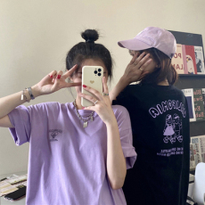 批发外贸短袖t恤女夏季新款宽松韩版闺蜜装香芋紫字母印花上衣服ins潮