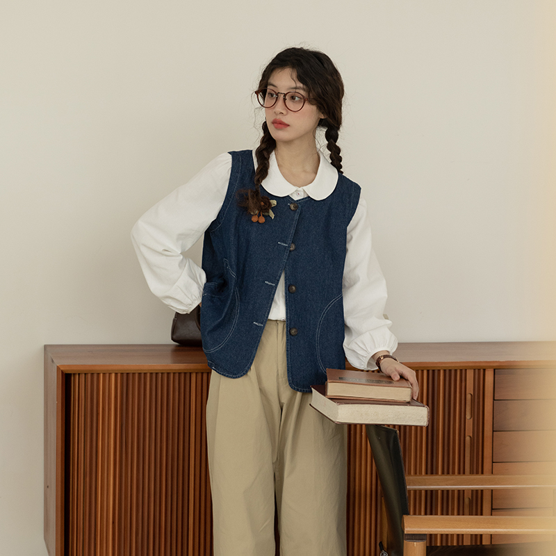 둘째 머리카락 실사 여름 새로운 일본식 라운드 넥 데님 베스트 여성 코트