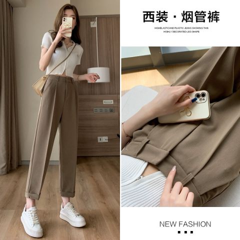 2024 new versatile khaki drape suit pants for women spring and autumn nine-point loose high-end straight cigarette pants