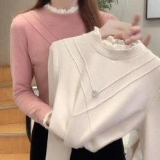 批发280克双面德绒【有送胸前<b class='q'>饰品</b>】春季新款半高领蕾丝打底衫上衣女