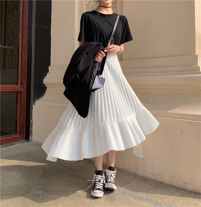 Irregular pleated chiffon half skirt for women spring 2024 new Korean style high-waisted a-line cake skirt with big swing