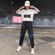 实拍 休闲时尚套装女2023夏季新款潮流短袖宽松嘻哈工装裤两件套