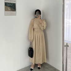 批发已出货 韩国<b class='q'>东大门</b>法式优雅立领刺绣提花褶皱灯笼袖长款<b class='q'>连衣裙</b>女
