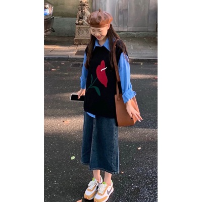 2023女装茶系穿搭高级感早春衬衫马甲连衣裙子小香风三件套装