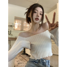批发实拍实价春季新款法式露锁骨纯欲坑条一字肩别致短款针织长袖<b class='q'>上衣</b>
