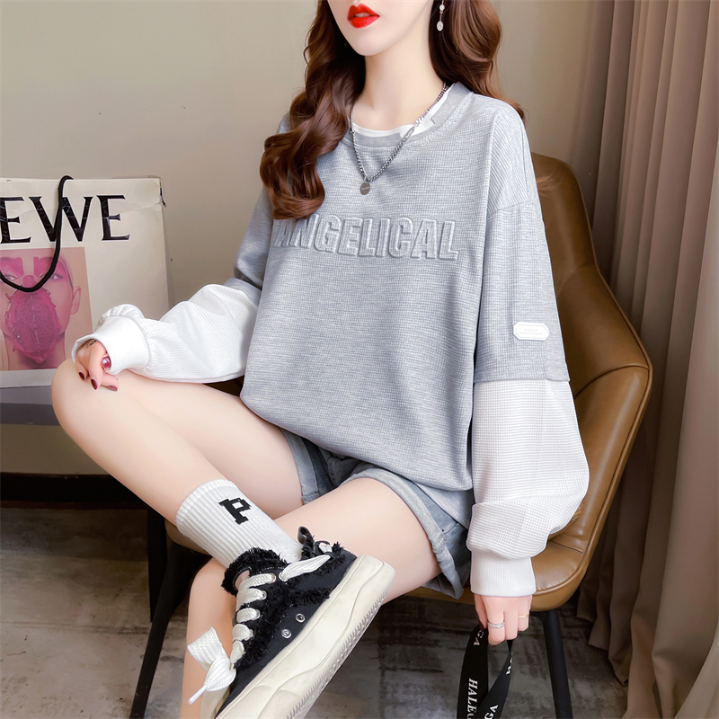 Actual shot of 2024 spring Korean style loose waffle color-blocking printed fake two-piece large size thin sweatshirt for women